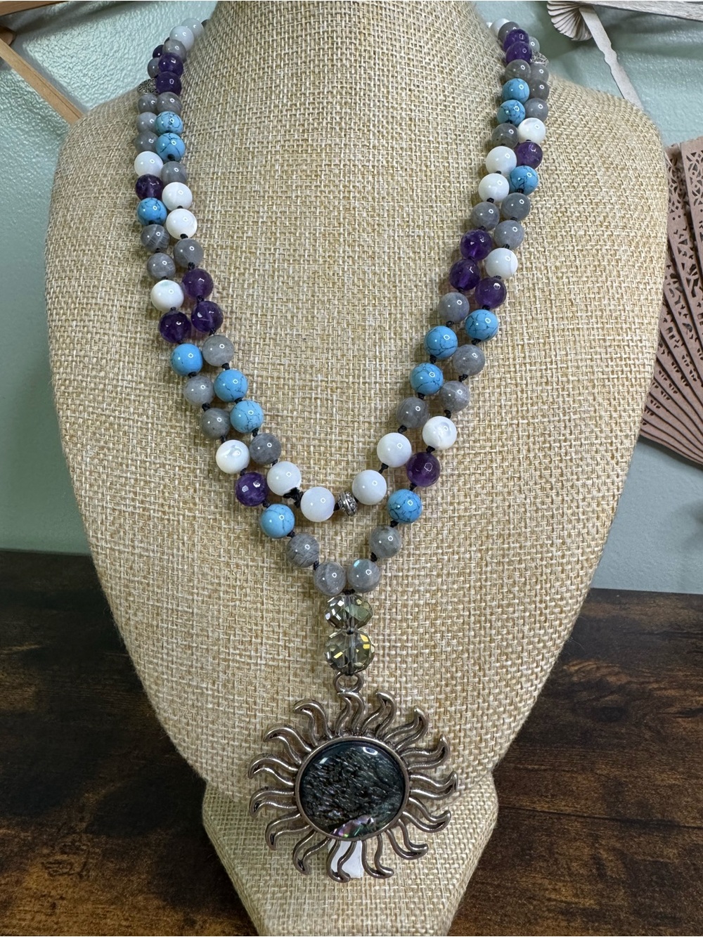 Beaded Abalone Sun Pendant Necklace with Labradorite, Amethyst and MOP Beads